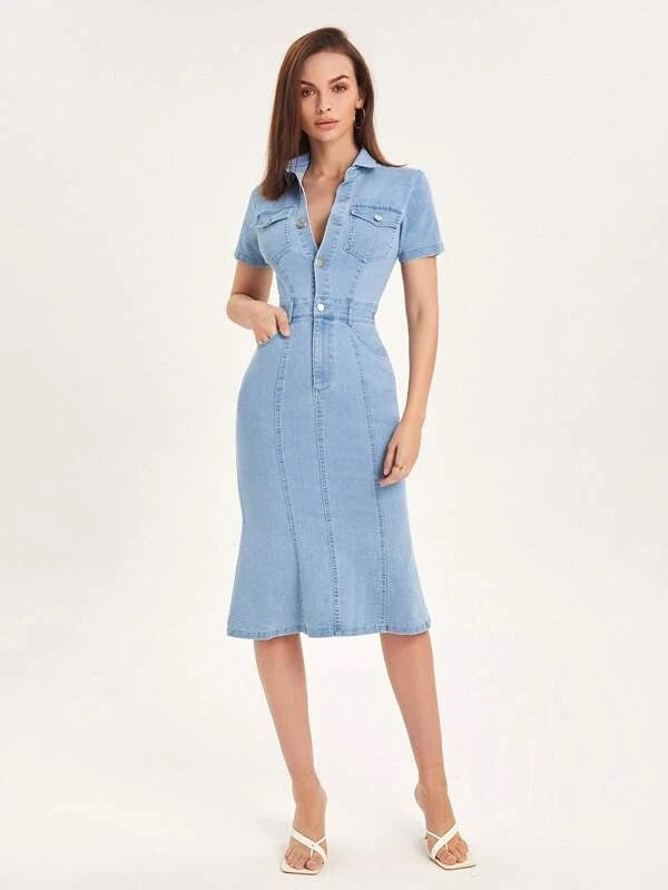 CM-DS352066 Women Casual Seoul Style Half Button Flap Pocket Mermaid Hem Denim Shirt Dress