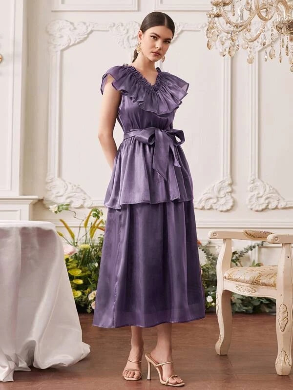 CM-DS338802 Women Elegant Seoul Style Ruffle Trim Layered Hem Belted Dress - Purple