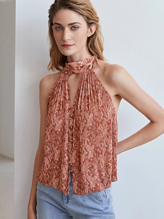 CM-TS800811 Women Trendy Bohemian Style Tie Back Paisley Pleasted Halter Top