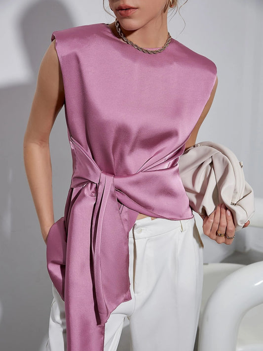 CM-TS322457 Women Elegant Seoul Style Sleeveless Shoulder Pad Tie Front Top - Purple