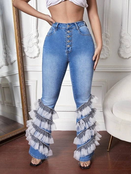 CM-BS413552 Women Casual Seoul Style High Waist Button Fly Contrast Mesh Ruffle Trim Flare Leg Jeans