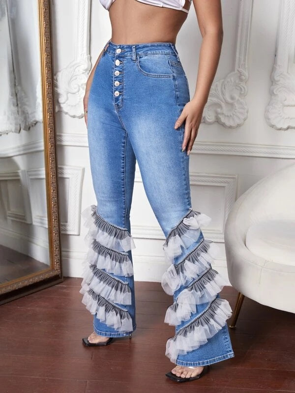 CM-BS413552 Women Casual Seoul Style High Waist Button Fly Contrast Mesh Ruffle Trim Flare Leg Jeans