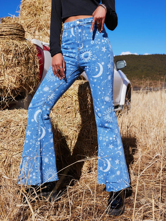 CM-BS161533 Women Casual Seoul Style Sun And Moon Graphic Flare Leg Jeans