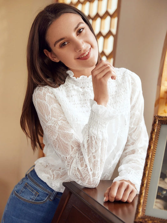 CM-TS439520 Women Elegant Seoul Style Long Sleeve Shirred Neck Lace Top - White