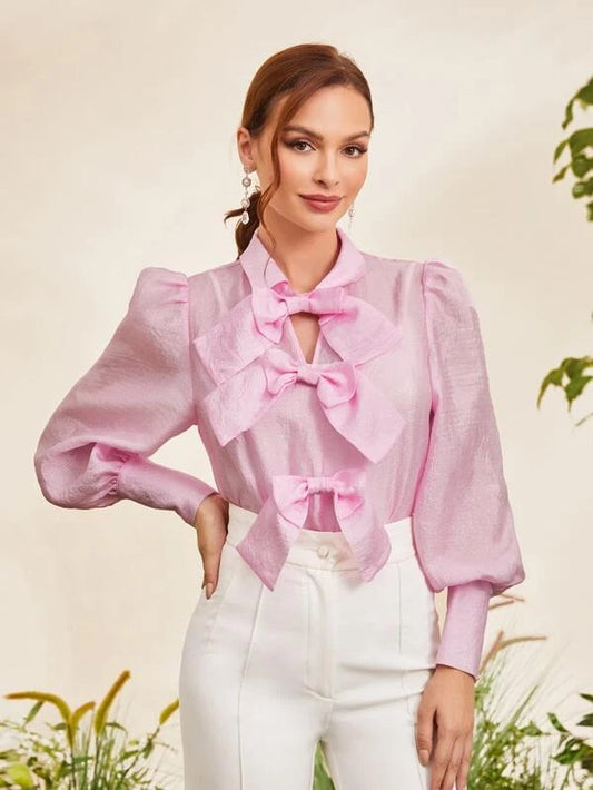 CM-TS181248 Women Elegant Seoul Style Bow Front Lantern Sleeve Top - Baby Pink