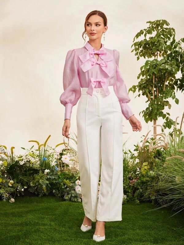 CM-TS181248 Women Elegant Seoul Style Bow Front Lantern Sleeve Top - Baby Pink