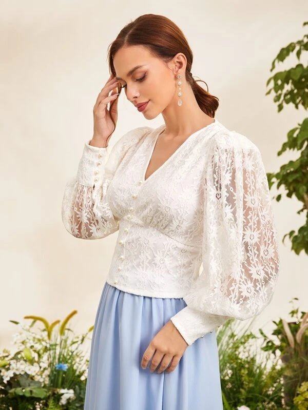 CM-TS384646 Women Elegant Seoul Style V-Neck Lantern Sleeve Lace Top - White