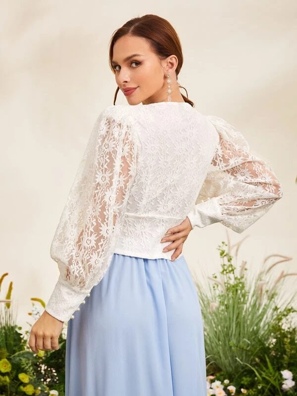 CM-TS384646 Women Elegant Seoul Style V-Neck Lantern Sleeve Lace Top - White