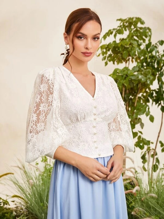 CM-TS384646 Women Elegant Seoul Style V-Neck Lantern Sleeve Lace Top - White