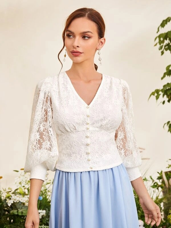 CM-TS384646 Women Elegant Seoul Style V-Neck Lantern Sleeve Lace Top - White