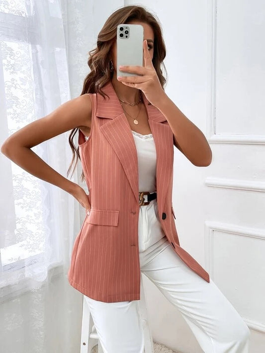 CM-CS888348 Women Casual Seoul Style Single Breasted Lapel Neck Flap Striped Vest - Dusty Pink