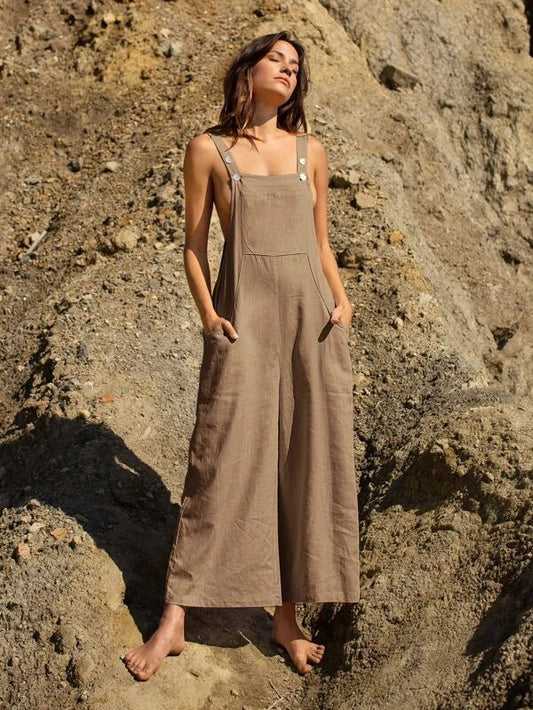 CM-JS280586 Women Casual Seoul Style Sleeveless Pocket Front Overalls - Mocha Brown