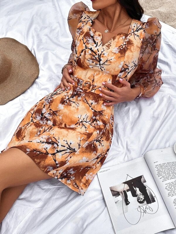 CM-DS966939 Women Casual Seoul Style Floral Print Puff Sleeve Belted Dress