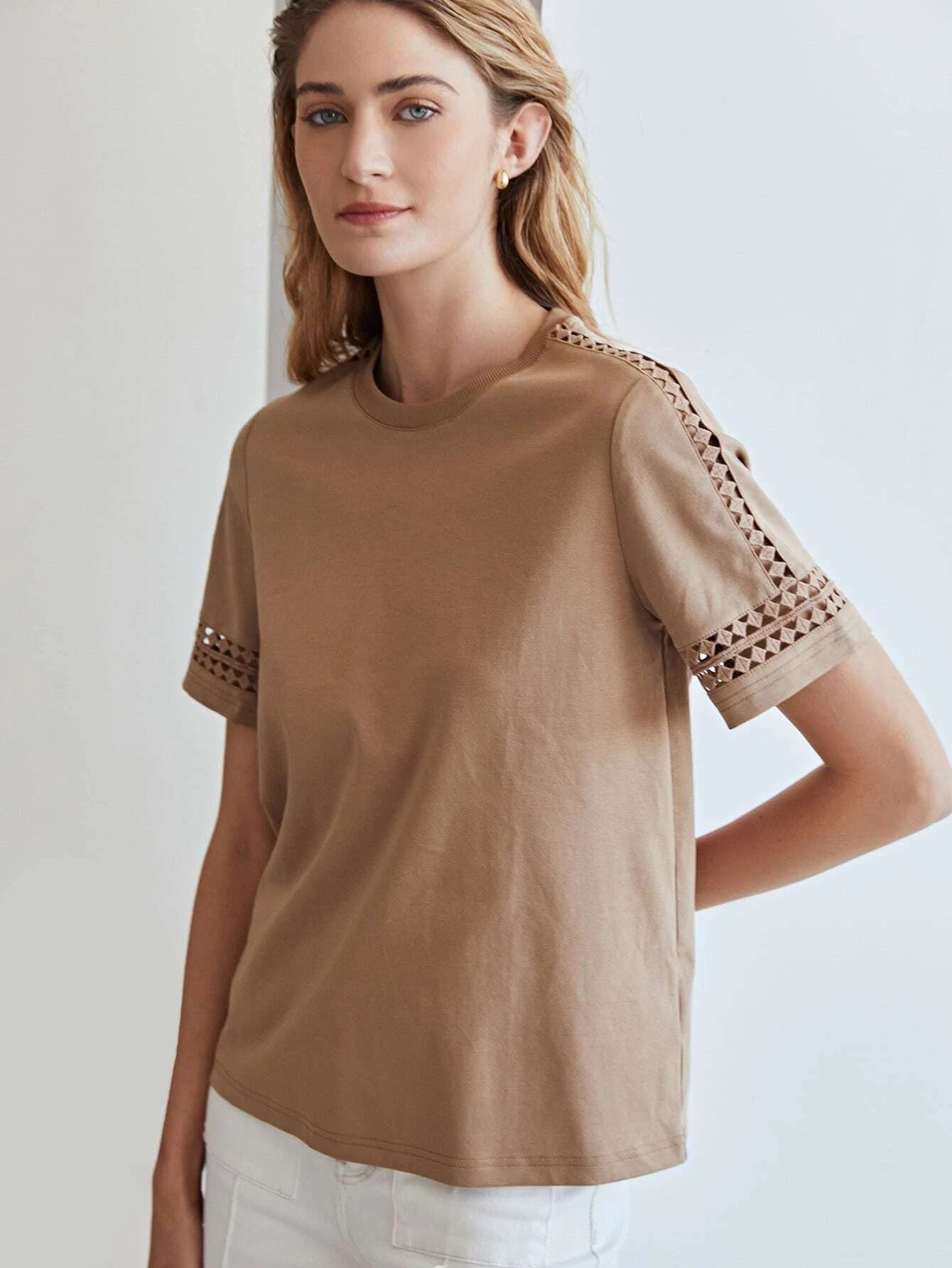 CM-TS805111 Women Casual Seoul Style Round Neck Cut-Out Short Sleeve T-Shirt - Apricot