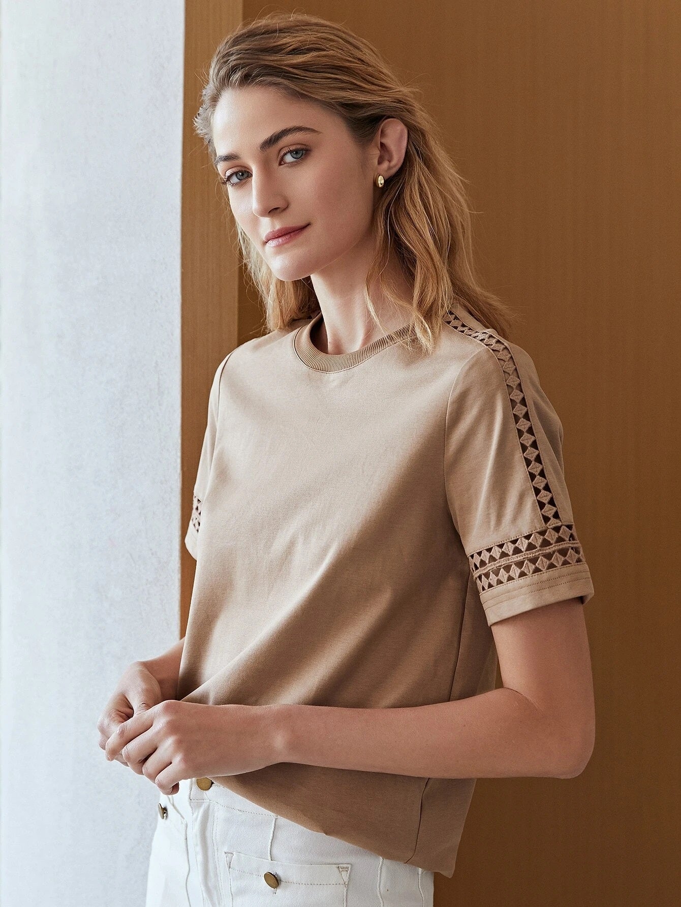 CM-TS805111 Women Casual Seoul Style Round Neck Cut-Out Short Sleeve T-Shirt - Apricot