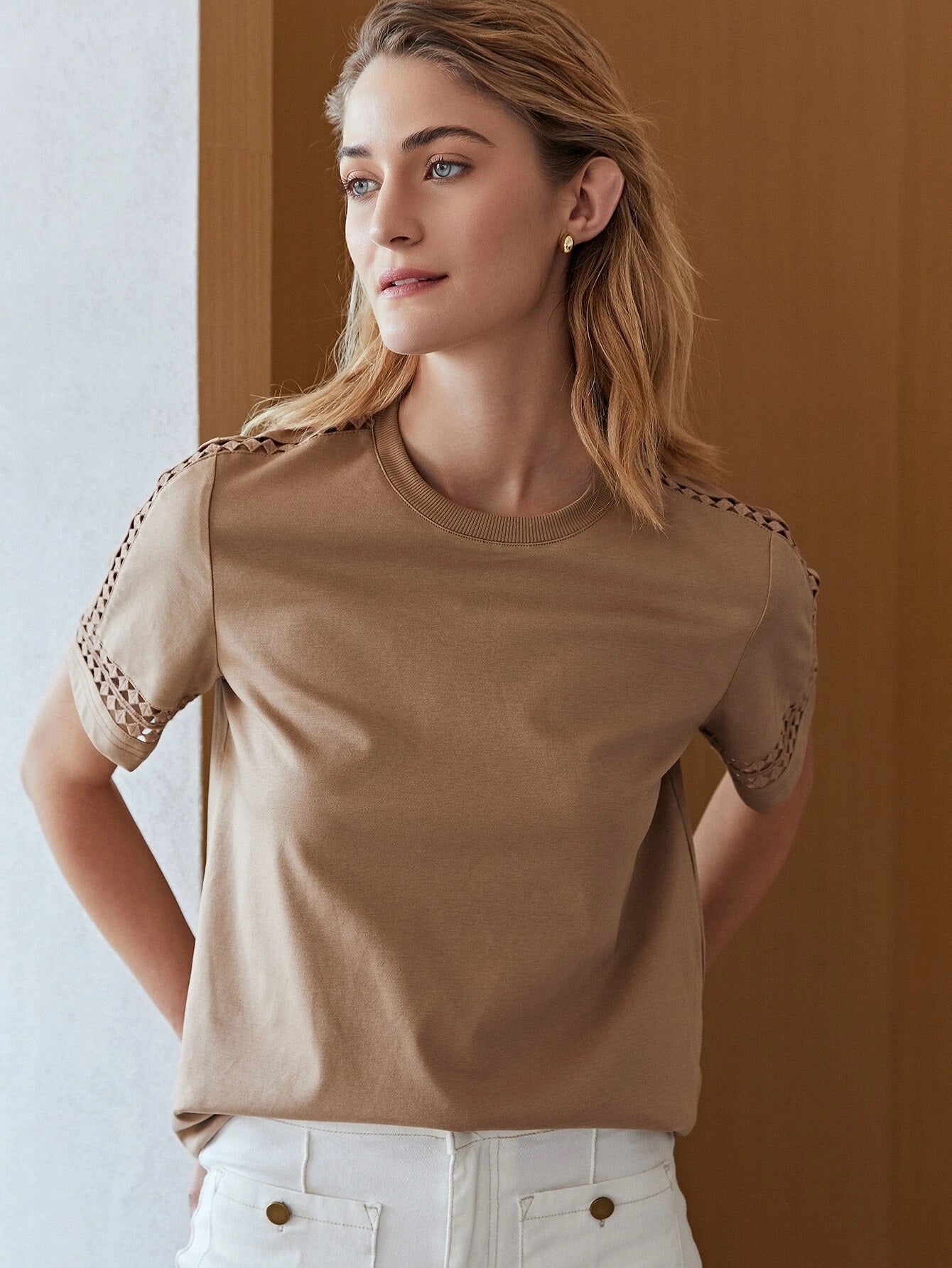 CM-TS805111 Women Casual Seoul Style Round Neck Cut-Out Short Sleeve T-Shirt - Apricot