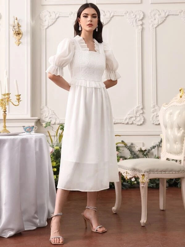 CM-DS410444 Women Elegant Seoul Style Flounce Sleeve Shirred Bodice Dress - White