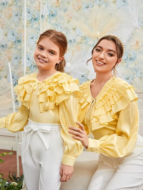 CM-TS438818 Women Elegant Seoul Style Layered Ruffle Trim Tie Neck Blouse - Yellow