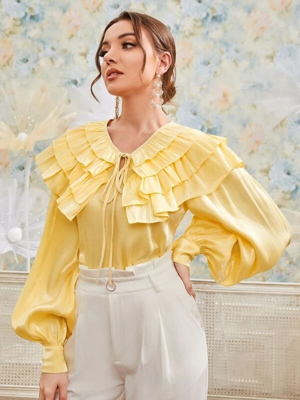 CM-TS438818 Women Elegant Seoul Style Layered Ruffle Trim Tie Neck Blouse - Yellow