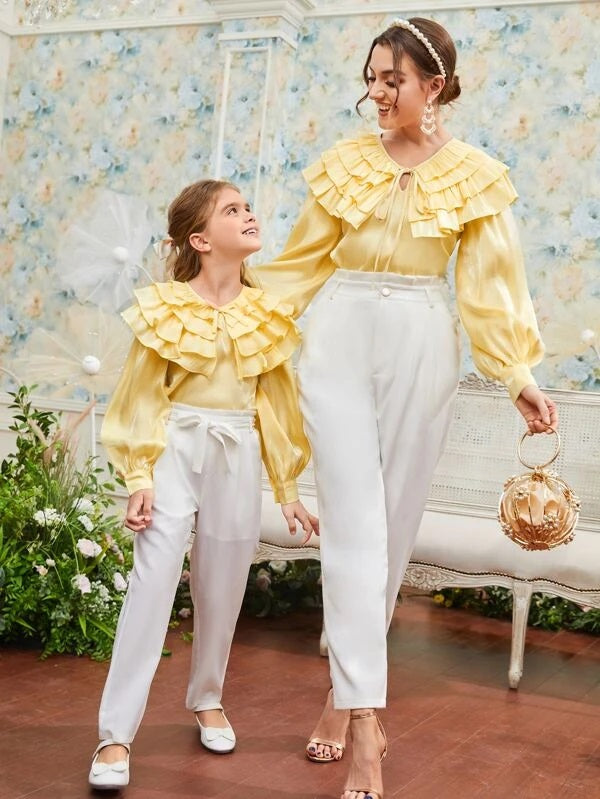 CM-TS438818 Women Elegant Seoul Style Layered Ruffle Trim Tie Neck Blouse - Yellow