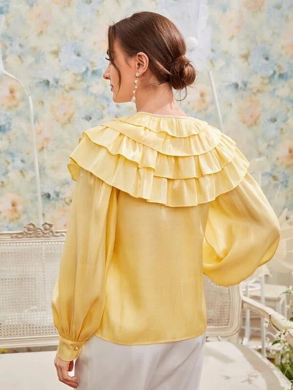 CM-TS438818 Women Elegant Seoul Style Layered Ruffle Trim Tie Neck Blouse - Yellow