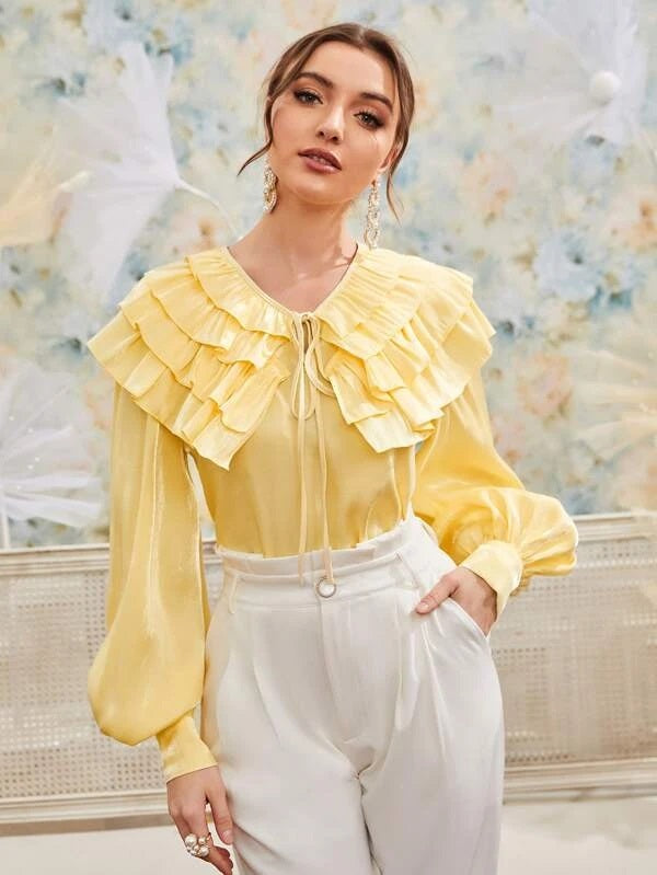 CM-TS438818 Women Elegant Seoul Style Layered Ruffle Trim Tie Neck Blouse - Yellow