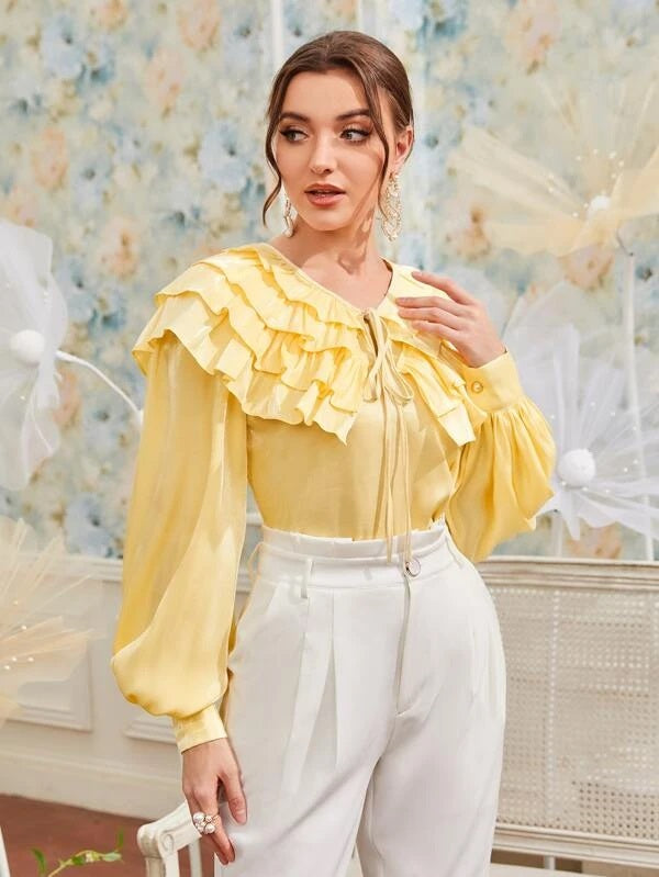 CM-TS438818 Women Elegant Seoul Style Layered Ruffle Trim Tie Neck Blouse - Yellow