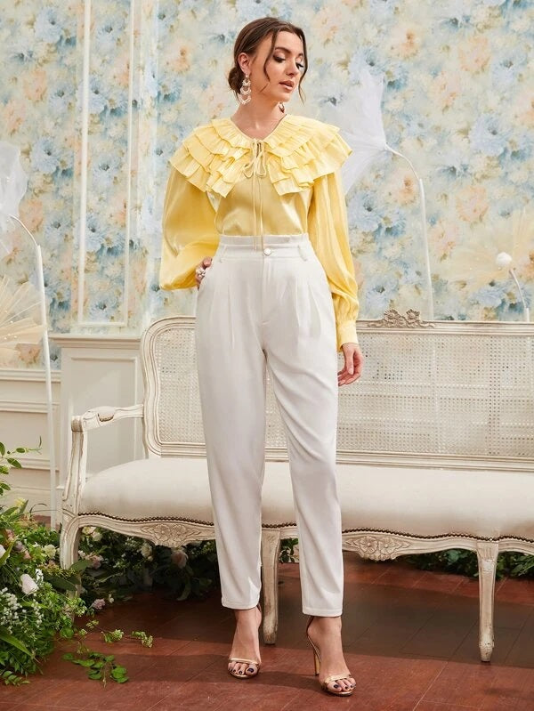 CM-TS438818 Women Elegant Seoul Style Layered Ruffle Trim Tie Neck Blouse - Yellow