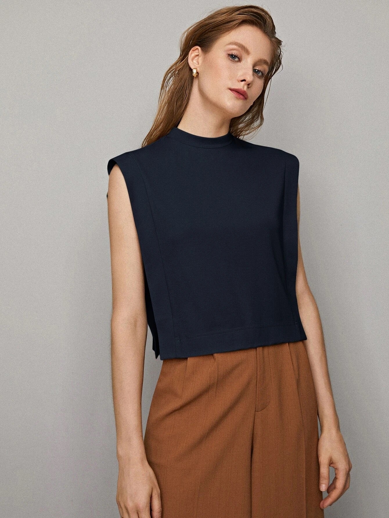 CM-TS051118 Women Casual Seoul Style Viscose Boxy Sleeveless Top - Navy Blue