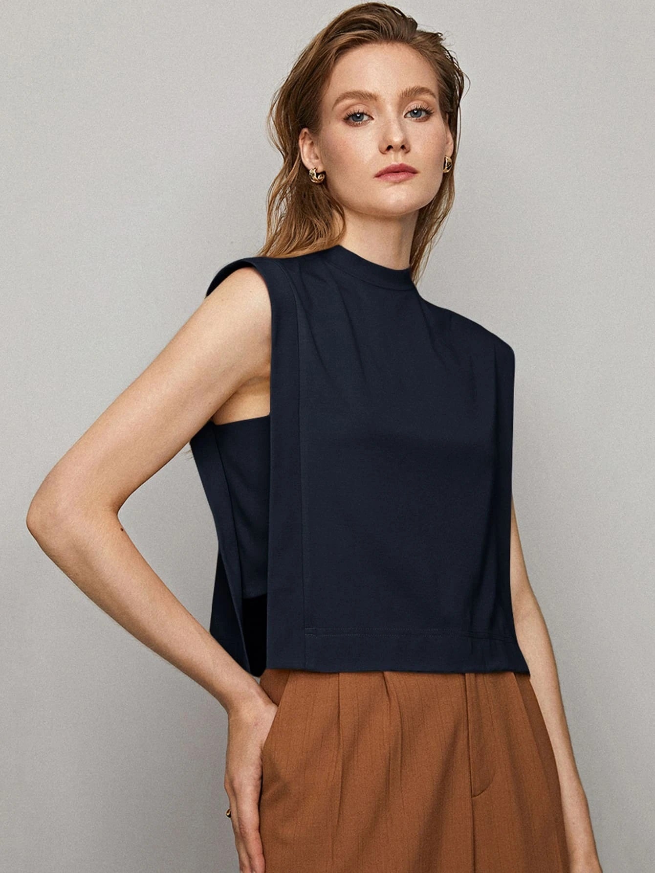 CM-TS051118 Women Casual Seoul Style Viscose Boxy Sleeveless Top - Navy Blue