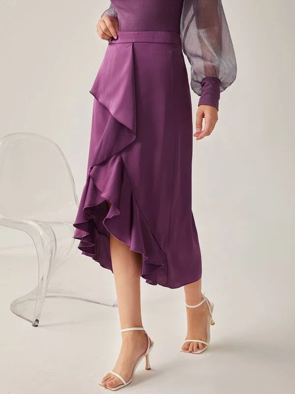 CM-BS741877 Women Elegant Seoul Style High Waist Solid Ruffle Trim Draped Skirt