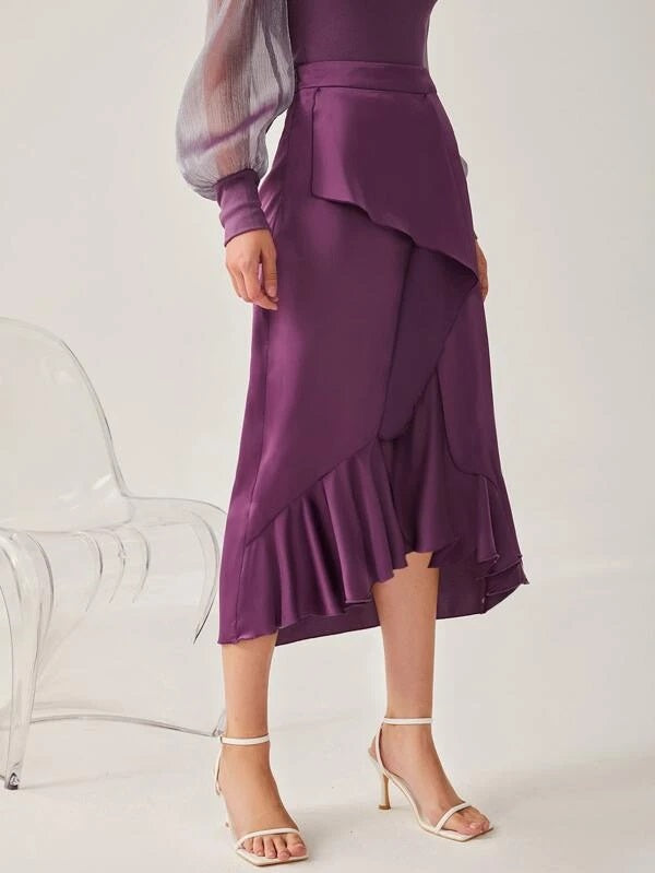 CM-BS741877 Women Elegant Seoul Style High Waist Solid Ruffle Trim Draped Skirt