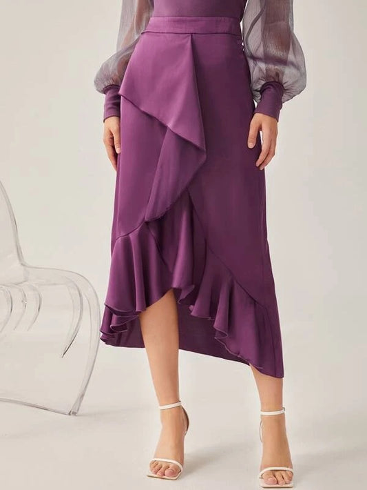 CM-BS741877 Women Elegant Seoul Style High Waist Solid Ruffle Trim Draped Skirt