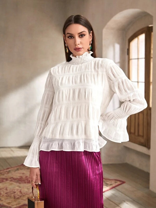 CM-TS086570 Women Casual Seoul Style Flounce Sleeve Keyhole Back Frill Trim Textured Blouse