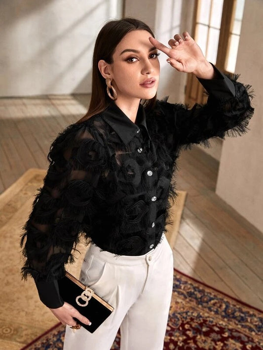 CM-TS360931 Women Elegant Seoul Style Button Through Fuzzy Detail Blouse - Black