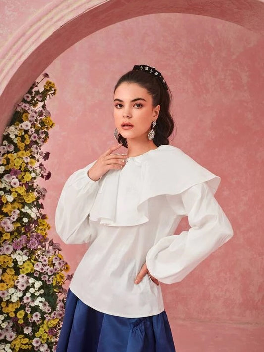 CM-TS151109 Women Elegant Seoul Style Statement Collar Lantern Sleeve Top - White