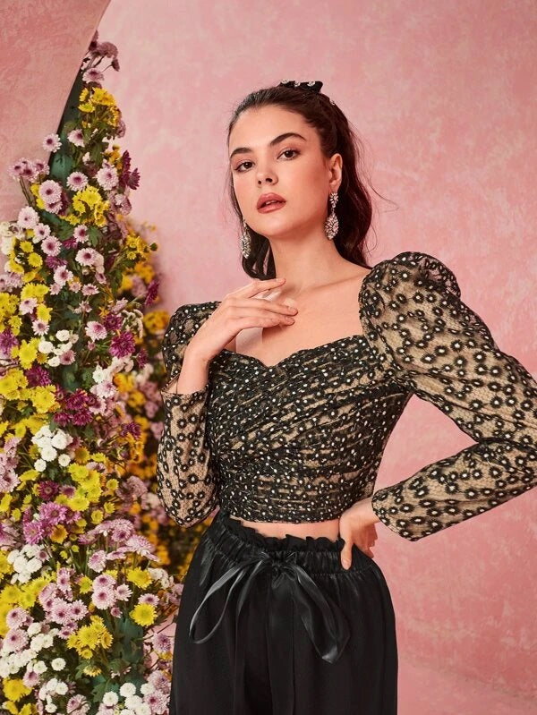 CM-TS574847 Women Elegant Seoul Style Floral Embroidery Puff Sleeve Blouse