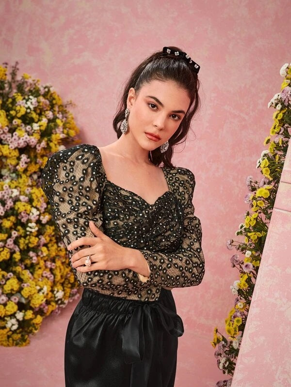 CM-TS574847 Women Elegant Seoul Style Floral Embroidery Puff Sleeve Blouse