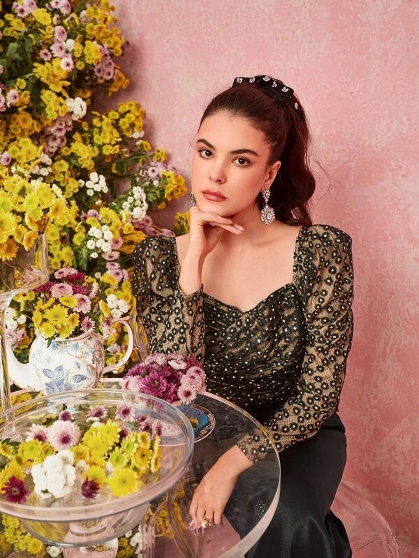 CM-TS574847 Women Elegant Seoul Style Floral Embroidery Puff Sleeve Blouse