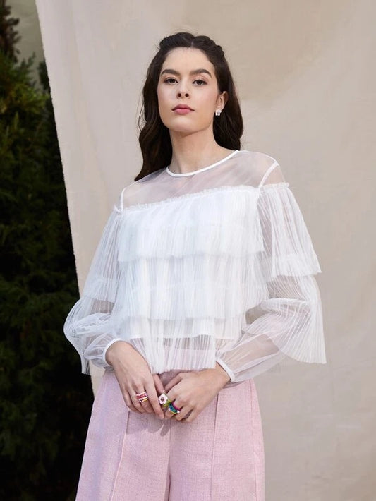 CM-TS306446 Women Trendy Bohemian Style Layered Pleated Ruffle Detail Sheer Mesh Top