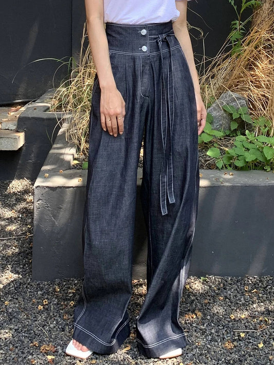 CM-BS738930 Women Casual Seoul Style Solid Tie Side Slant Pocket Wide Leg Jeans