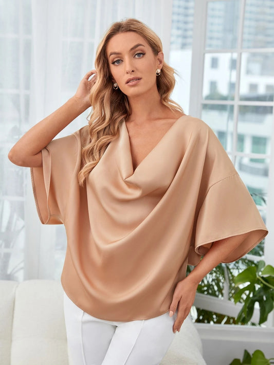 CM-TS039009 Women Elegant Seoul Style Cowl Neck Drop Shoulder Top - Apricot