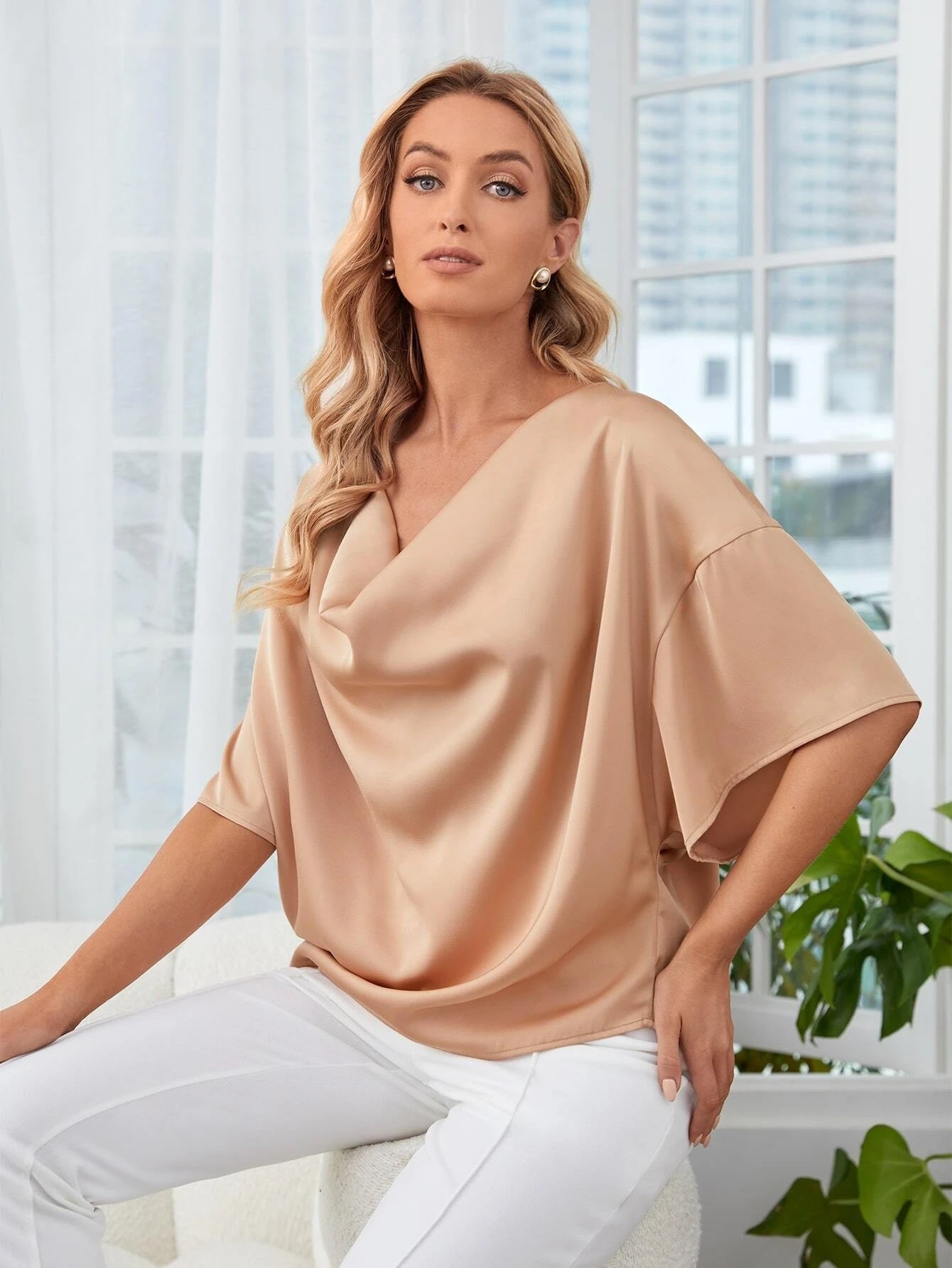 CM-TS039009 Women Elegant Seoul Style Cowl Neck Drop Shoulder Top - Apricot