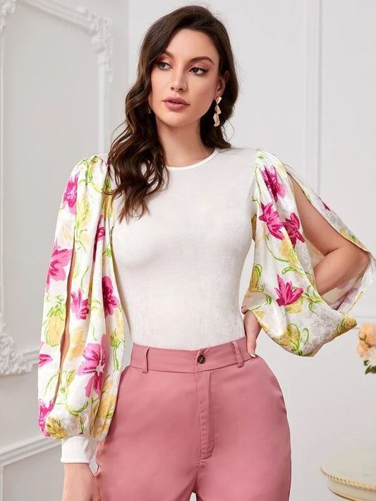 CM-TS118975 Women Elegant Seoul Style Floral Print Split Sleeve Top