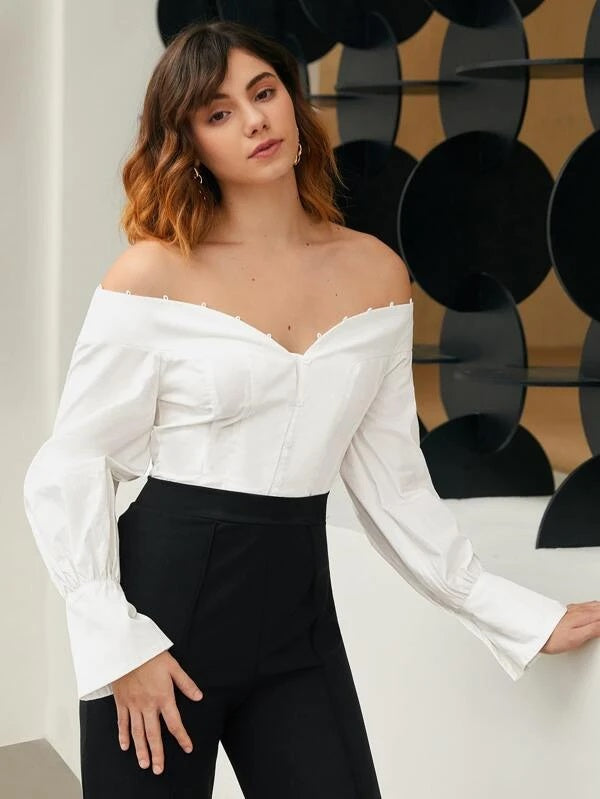 CM-TS922077 Women Elegant Seoul Style Solid Off The Shoulder Button Up Blouse - White