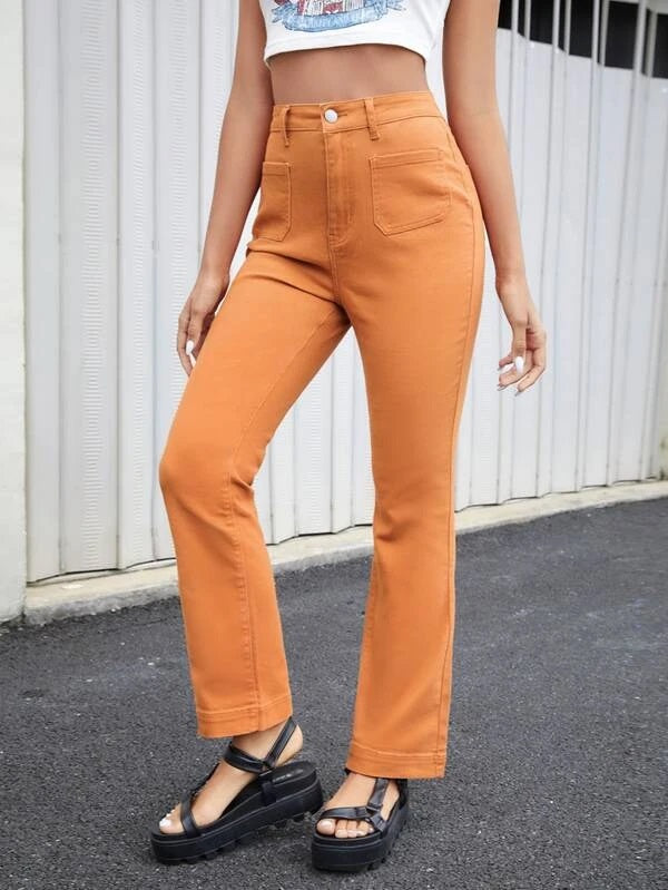 CM-BS255585 Women Casual Seoul Style Zipper Fly Patch Pocket Jeans - Orange
