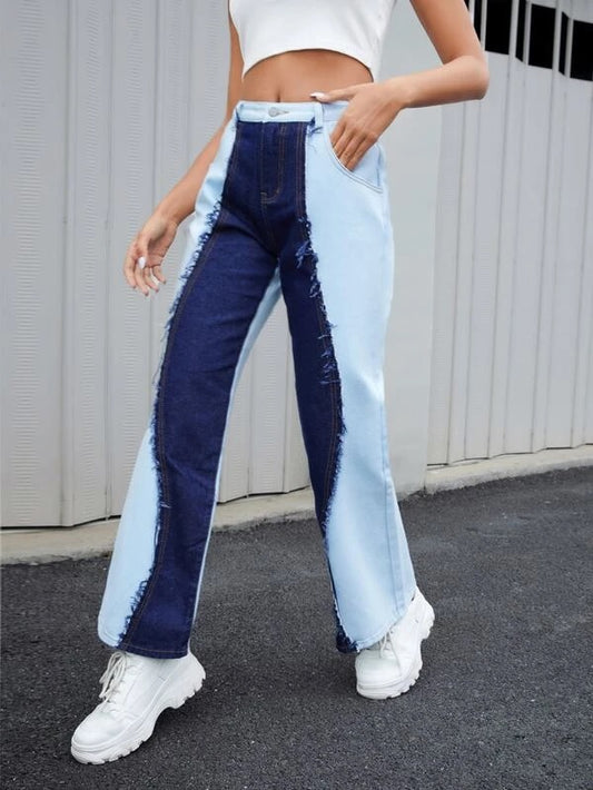 CM-BS255588 Women Casual Seoul Style Two Tone Raw Trim Jeans - Blue