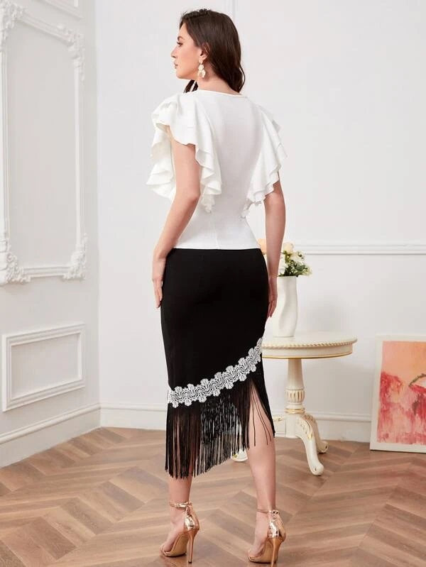 CM-SS710033 Women Casual Seoul Style Ruffle Trim Top With Lace Appliques Fringe Skirt - Set