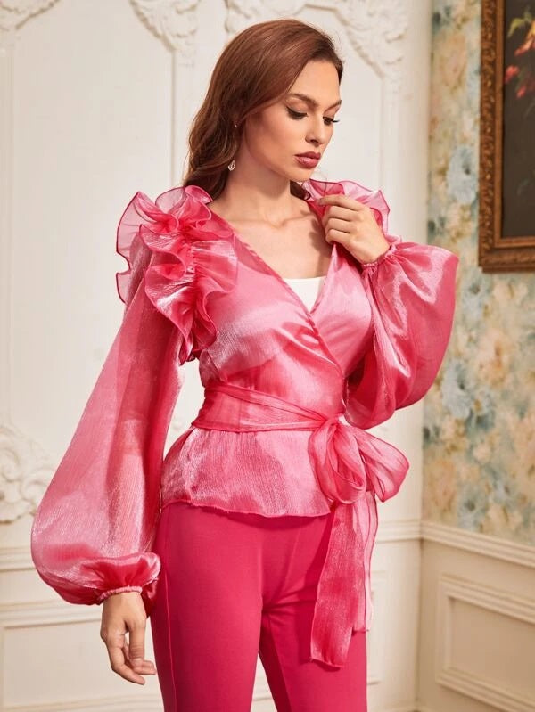 CM-TS548278 Women Elegant Seoul Style Flounce Shoulder Bishop Sleeve Top - Hot Pink