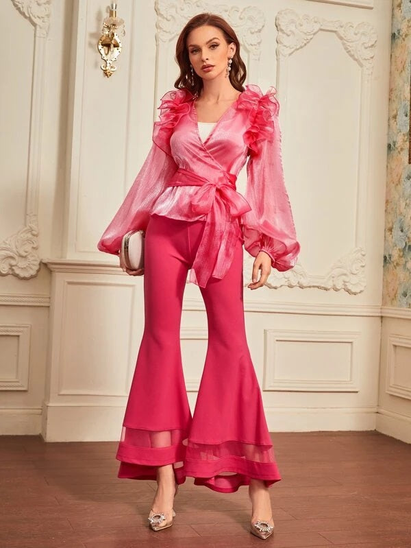 CM-TS548278 Women Elegant Seoul Style Flounce Shoulder Bishop Sleeve Top - Hot Pink